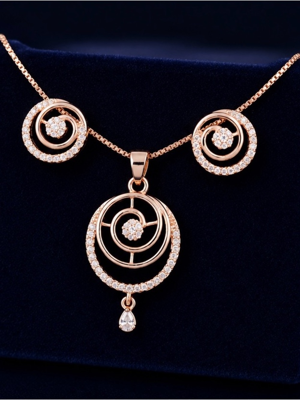 Gold Spiral Crystal Pendant Necklace and Earring Set